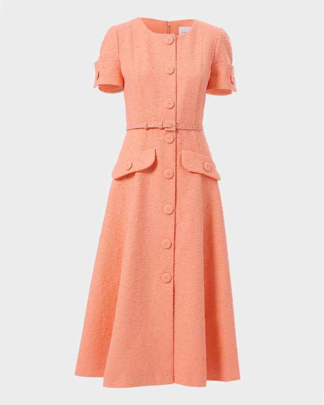 Short-Sleeve Button-Front Boucle Midi Dress With Belt